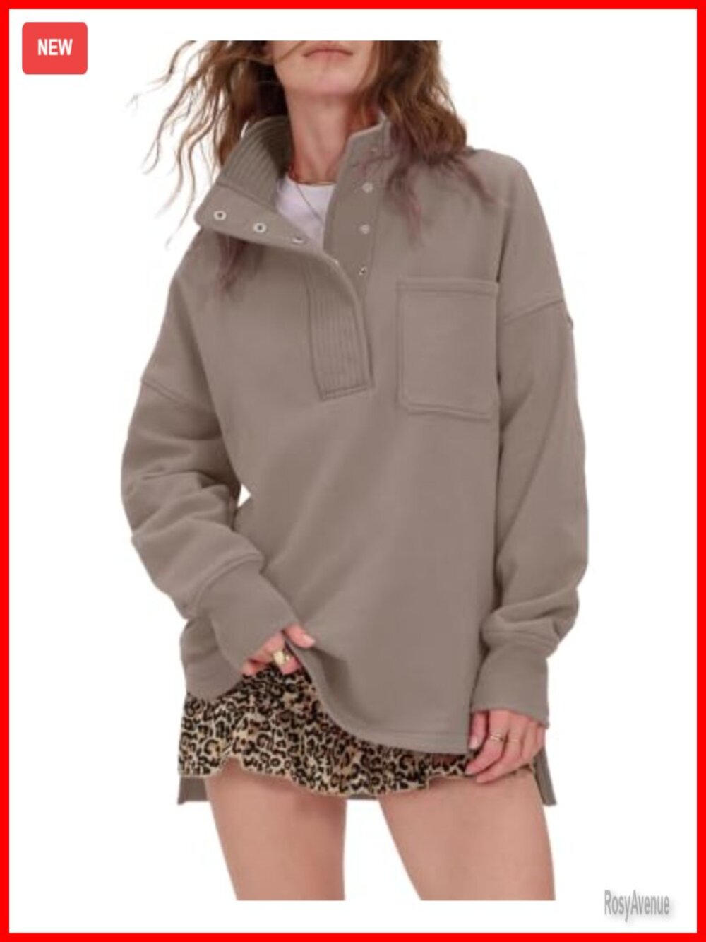 Oversized Henley Neck Snap Button Sweatshirt Slouchy Fit Long Sleeve Pullover